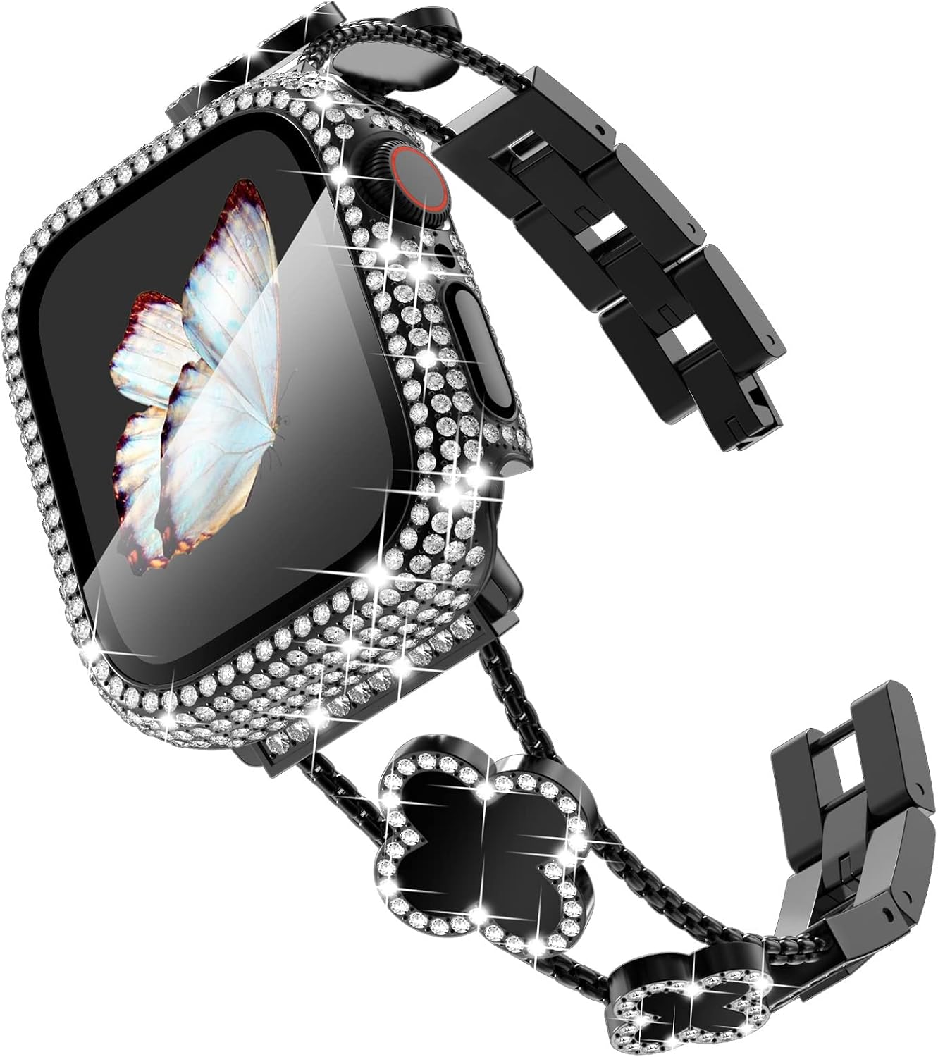 Surace Compatible with Apple Watch Bands 40mm for Women, Jewelry Diamond Rhinestone Stainless Steel Metal Wristband Strap with Bling PC Protective Case for iWatch Series 654 SE 40mm, BlackBlack
