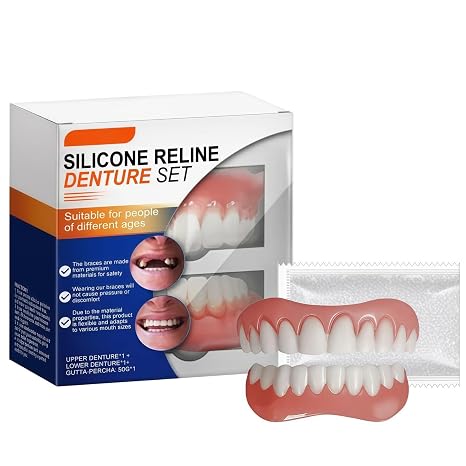Soft Adjustable Silicone Dentures Teeth Top and Bottom, False Teeth Set Full Dentures, Comfortable Reline Denture Kit, Natural-Looking Functional