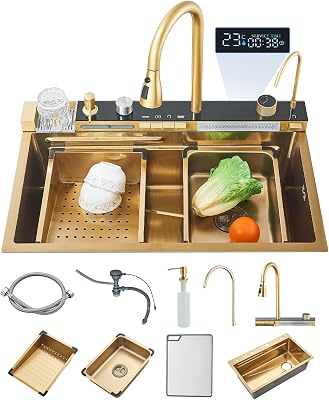 30 Brushed Gold Stainless Steel Kitchen Sink Workstation - Single Bowl Undermount with Pull Down Sprayer Faucet, Knob Control, Includes Soap Dispenser, Water Filter Tap Accessories 29.52 x 18.11
