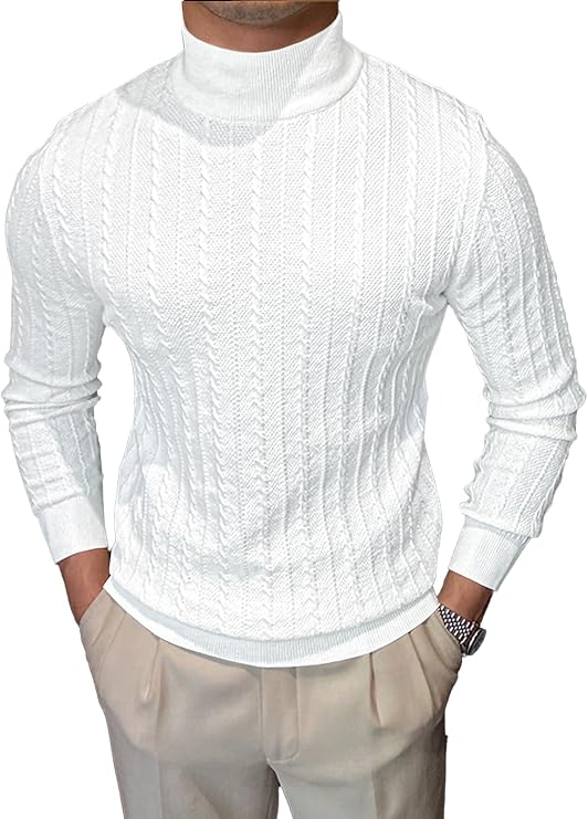 Men's Mockneck Sweaters Long Sleeve Slim Fit Casual Pullover Cable Knit Turtleneck Jumpers Sweaters