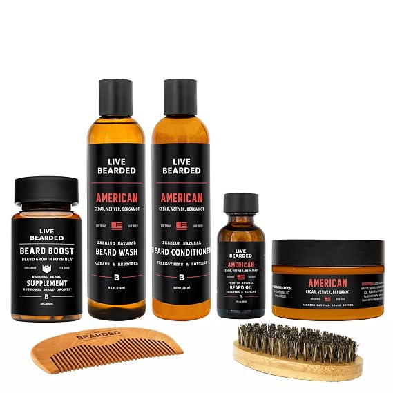 LIVE BEARDED Total Beardsman Beard Kit for Men, 7 Pieces, American | Beard Oil, Butter, Wash, Conditioner, Growth Vitamins, Comb, Brush, Supports Beard Growth, Cedar, Vetiver, Bergamot