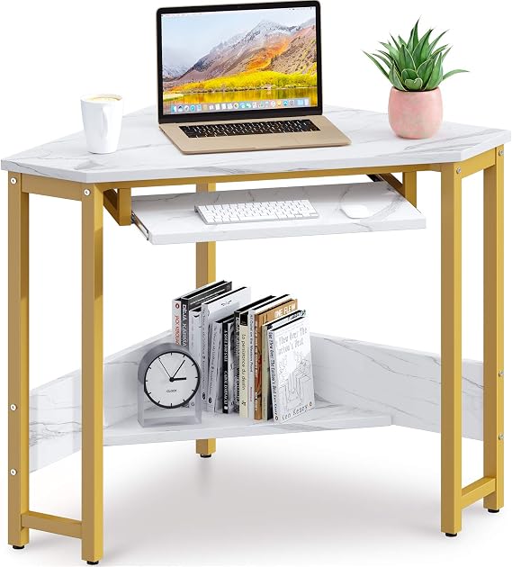 ODK CornerDesk, Triangle Computer Desk, Sturdy Steel Frame for Workstation with Smooth Keyboard Tray & Storage Shelves, Marble