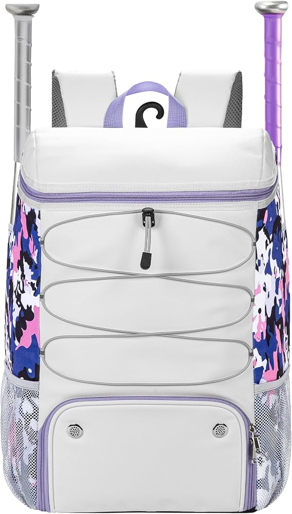 Softball Bag for Youth Adult, Large Leather Baseball Bat Backpack with Shoe Compartment, Waterproof Baseball Bag with Fence Hook for TBall Bat & Equipment