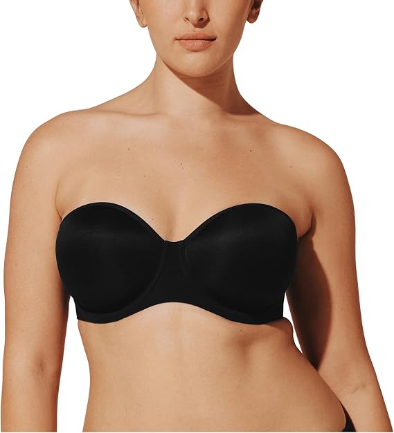 Thirdlove Classic Strapless Underwire Bra, High Support, No-Slip Grip | Removable straps, silicone no-slip grip band, underwire support for all bust sizes, taupe & black colors.