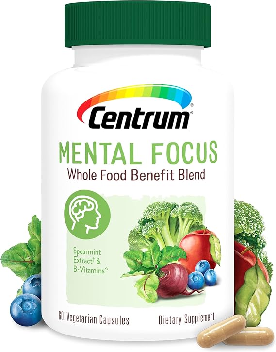 Centrum Mental Focus Nootropic Supplement, with Spearmint Extract and B-Vitamins Supports Focus, with Whole Food Blend, 30 Day Supply (60 Capsules)