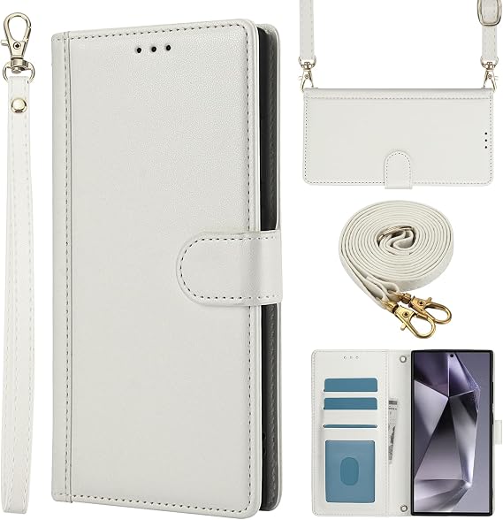 for Samaung Galaxy S25 Ultra Wallet Case with Card Holder and Wrist Strap Women's Crossbody Lanyard, Flip Credit Card Slots Purse Leather Kickstand Phone Cover for Galaxy S25 Ultra, White