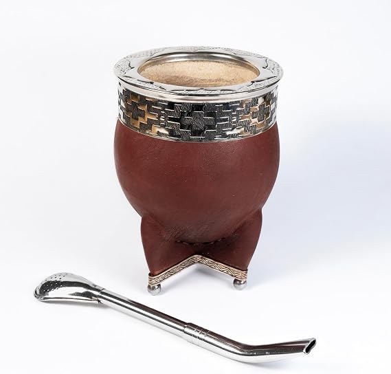Yerba Mate Gourd with Stainless Steel Bombilla - Handmade Mate Gourd, Mate Drinking Cup, Pumpkin Mate Gourd, Yerba Mate Set, Argentina, Imperial Premium (Brown)
