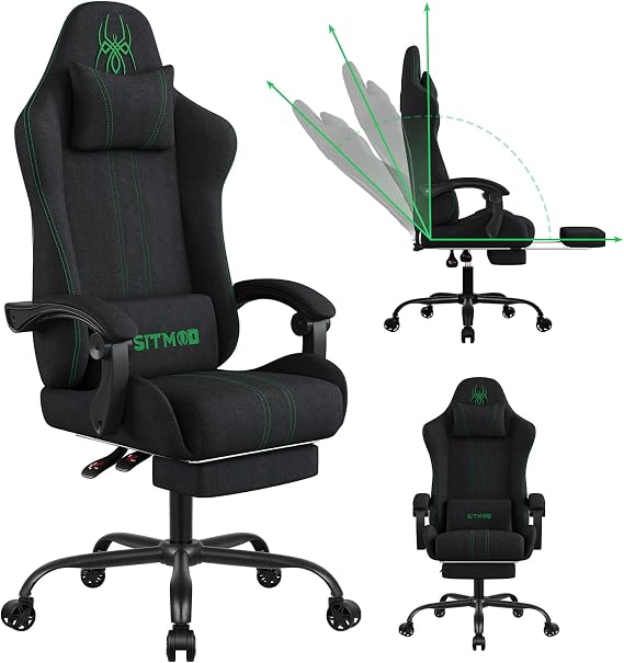 Fabric Gaming Chair with Footrest, Big Tall Reclining Ergonomic Chair