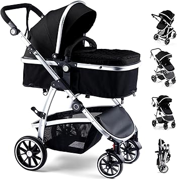 Hagaday Baby Stroller, 2-in-1 Reversible Toddler Seat with Basket Mode, Foldable Infant Stroller with Canopy, One Button Brake, Adjustable Handle, Newborn Pushchair Gray
