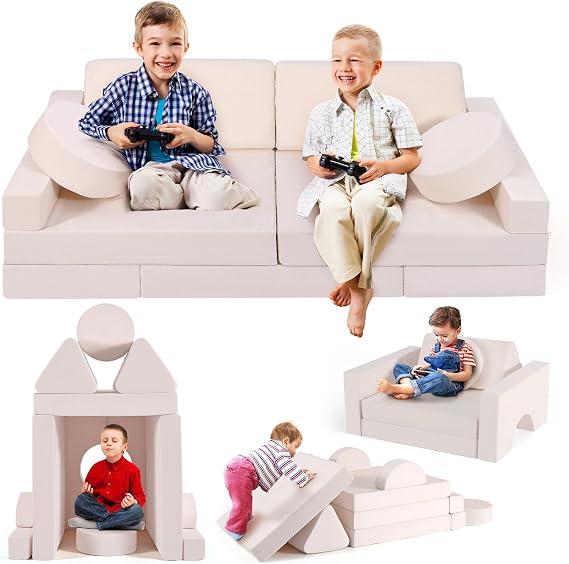 Children's Sofa, Modular Soft Play Couch, Kid's Game Foam Building Blocks, High Stability, Convertible Sofa for Boys and Girls to Develop Intelligence (Beige)