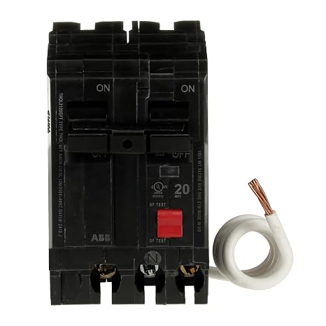 ABB Q-Line THQL2120GFT 20A Double Pole Circuit Breaker 20 Amp Double Pole Ground Fault Breaker with Self-Test 120/240 VAC 2-Pole GFCI Breaker Ground Fault Circuit Interrupter