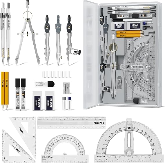 Nicpro 22 PCS Compass Geometry Tools with Case, Drafting Tool Geometry Set