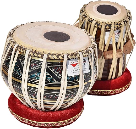 Tabla Drum Set, 3 Kg Black Painted Designer Brass Bayan, Beautiful Look, Sheesham Wood Dayan, Hand Made Drum Skin, Camel Leather Strap to Tune,  with Tuning Hammer, Gig Bag, Cushion & Cover