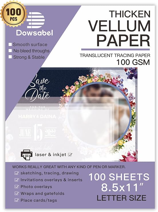 100 Sheets Translucent Vellum Paper, Dowsabel 68LBS 8.5 x 11 inches Printable Vellums for Card Overlays, Invitations Belly Bands, Envelope, Lantern,100 Sheets