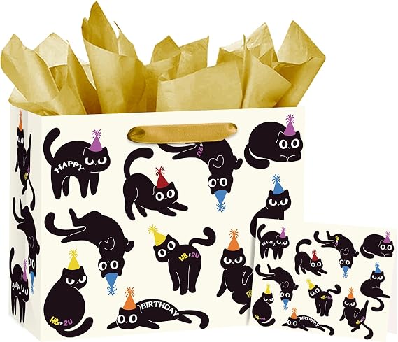 Loveinside 13" Large Black Cat Birthday Gift Bag with Cute Party Cat Design,  with Tissue Paper and Greeting Card, Ideal for Kids Pet Lovers and Birthday Party Favors, 13" x 5" x 10", 1 Set