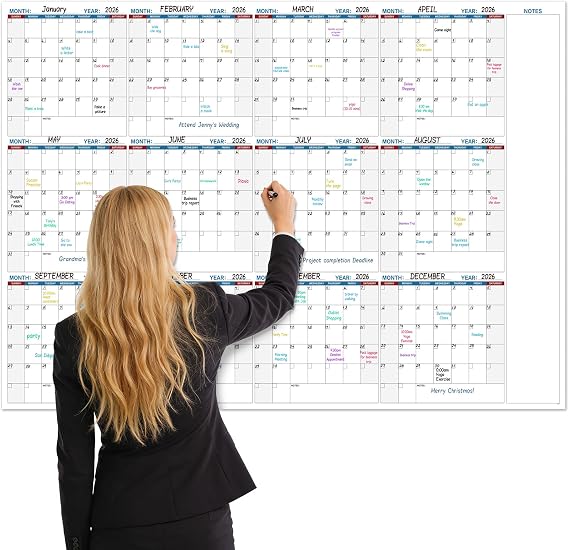 Large Dry Erase Calendar for Wall, Yearly Wall Calendar Dry Erase, 37" x 58", 12-Month Undated Blank Calendar Planner, Erasable & Reusable Laminated Wall Calendar, Dry Erase Wall Calendar with 15 Round Stickers, Great for Office, Classroom, Home