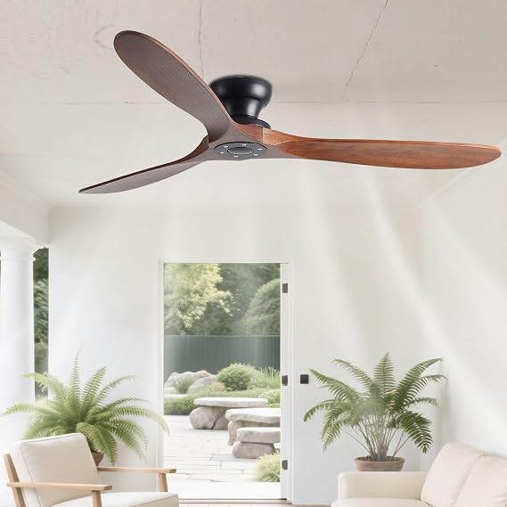 52in Flush Mount Ceiling Fans, Solid Wood Blades, Remote, 6-Speed, No Light
