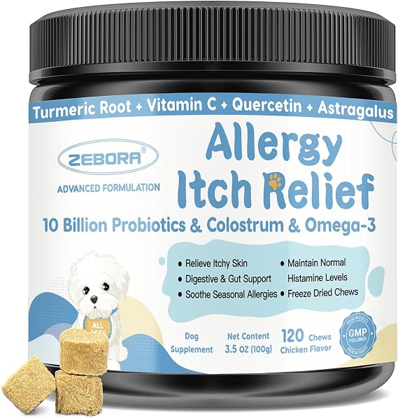 ZEBORA Dog Allergy Chews, Seasonal Allergy & Itch, 120 Freeze Dried Chews | With Dog Probiotics, Omega-3 & Colostrum, Supports Gut, Immune, Healthy Skin & Coat, Relieve Pawlicking, Chicken Flavor
