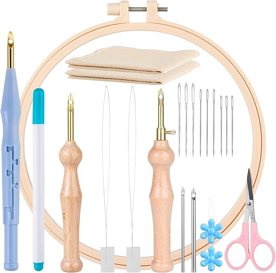 MSDADA 21 Pcs DIY Punch Needle Kit, Adjustable Rug Yarn Set, Wooden Handle Pens - Embroidery Sewing Cloth Threader Tools(Blue)