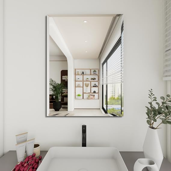 Rectangular Beveled Bathroom Mirrors, 16X24 inch Beveled Bathroom Mirror, | Frameless Mirrors for Bathroom,bedroom/wall/makeup area/cloakroom, hung horizontally or vertically.