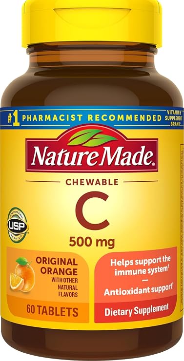 Nature Made Chewable Vitamin C 500 mg for Immune Support, 60 Tablets | Dietary Vitamin C Supplement for Immune Support and Antioxidant Support, Orange Flavored Chewable Tablets, 60 Day Supply