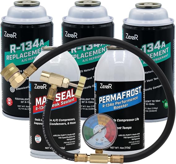 ZeroR® Premium Repair & Recharge Kit for R134a Refrigerant Systems | Max Seal, Permafrost, R134a Replacement | 24" HD Can Tap Gauge