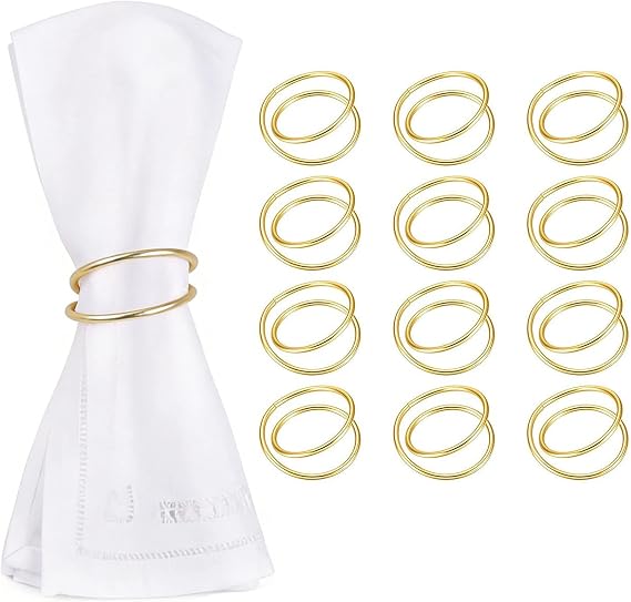 Gold Napkin Rings Set of 12 - Double-Ring Design Fits Various Napkins Styles, Elegant Gold Leaf Design for Dinner Parties, Special Events, Holiday & Christmas Table Decor, Great as Gifts for Hosts