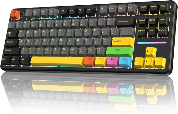 ATTACK SHARK X87 80% Wireless Mechanical Keyboard&Colored Keycaps,Hot-Swap Gasket RGB Backlit 4000mAh,Pre-lubed Linear Switch PBT Keycap BT/2.4G/USB-C Gaming Keyboard for PC/MAC-Black(Black&8 Keys)