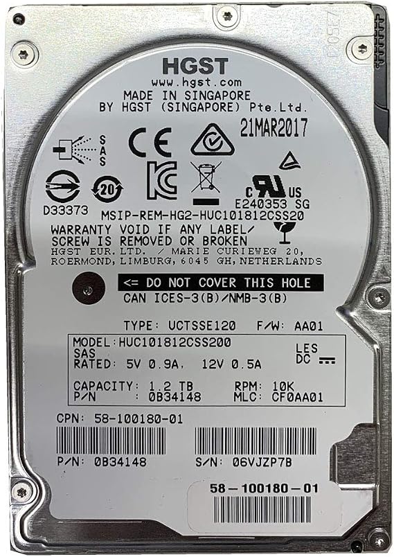 HGST 1.2TB HDD 10K RPM 2.5" 12Gb/s SAS Hard Disk Drive Model: HUC101812CSS200 DP/N: 0KV02
