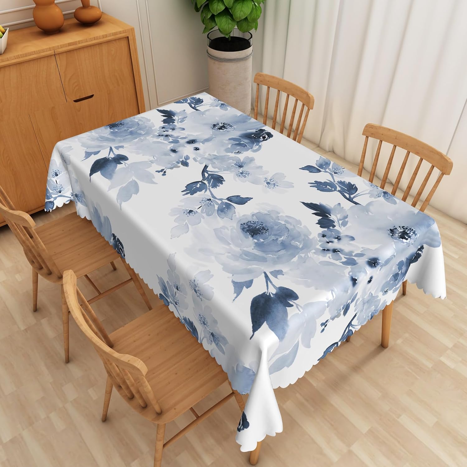 Spring Navy Blue Floral Rectangle Tablecloth,SIEDYCV 70x120 Inch Watercolor Blue Flower Print White Polyester Fabric Table Cloth,Waterproof Table Cover for Dining Picnic Wedding Party Home Decoration