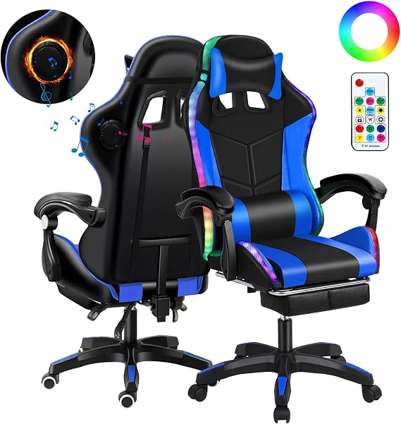 Led Gaming Chair with Bluetooth Speakers and RGB, Ergonomic Massage Computer Chair with Height Adjustable, Video Game Chair High Back with Lumbar Support Black Blue