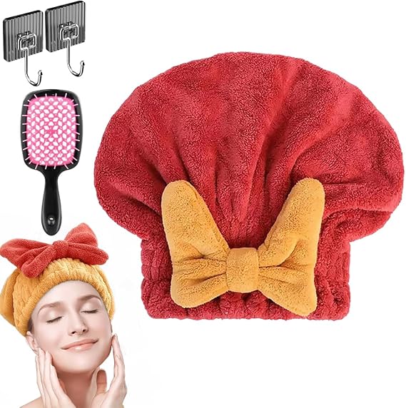 Super Absorbent Hair Towel Wrap, Soft Quick Drying Cap with Bow-Knot, Make Hair Smoother and Shinier (Red)