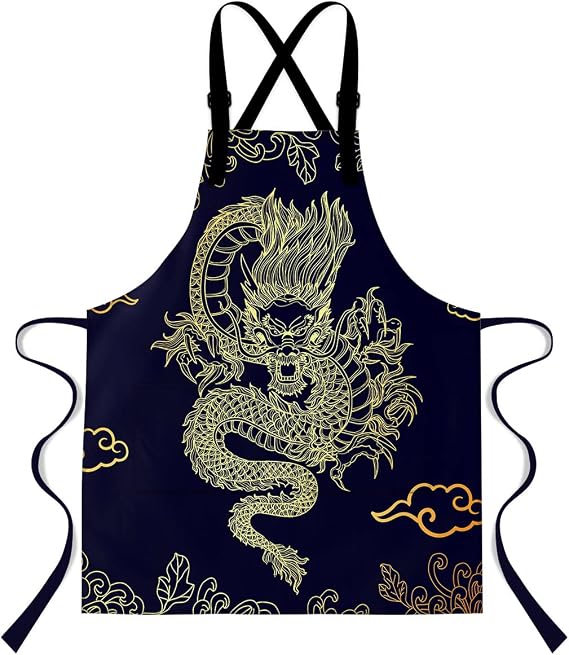 Dragon Apron,with 2 Pockets 33.4x27.5 Inches Oriental Mythical Creature Flying Dragon Auspicious Cloud Printed Bib Apron for Home Kitchen Cooking WQXPMN32