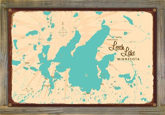 Lakebound Leech Lake Minnesota Retro Steel Metal, with Oxidized Border and Mounted on Real Reclaimed Barn Wood, Wall Art Map Poster 12" x 18. Distinctive Wall Decoration for Home, Cabin, or Office