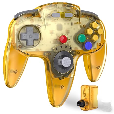 KIWITATA Retro N64 Wireless Controller, 2.4GHz Wireless Joystick Game Controller for Original N64 Video Console Clear Yellow