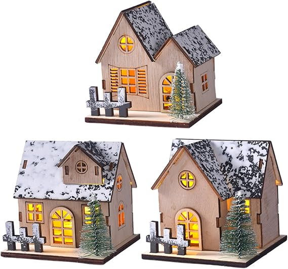 Christmas Village Houses 3PCS/Set Light Up Wooden Snow Roof Village with Trees Table Centerpiece Ornaments for Holiday Xmas Home Decoration