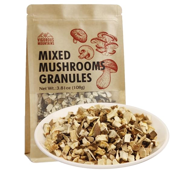 VIGOROUS MOUNTAINS Dried Assorted Mushrooms Granules for Cooking 3.81oz | Including Porcini Shiitakes Champignon Oyster Culinary Mushrooms 108g