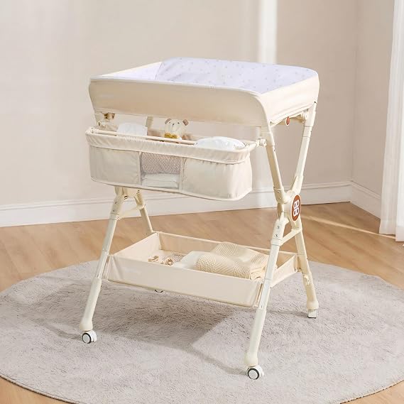 Maydolly Changing Table,Portable Diaper Changing Station, Foldable Baby Changing Table,Compact Nursery Diaper Changing Table for Baby,Adjustable Height,Mobile on Wheels (Beige)