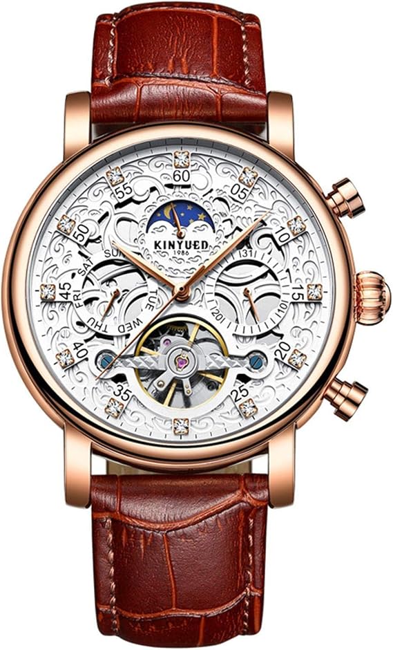 Men's Watch Leather Skeleton Automatic Mechanical Tourbillon Calendar Moon Phase Luminous Waterproof Luxury Business Wristwatch