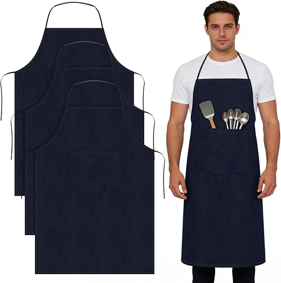 3 Pack Denim Apron, Canvas Kitchen Apron with Pockets, Chef Apron for Cooking, Catering, Restaurant, Backing, BBQ