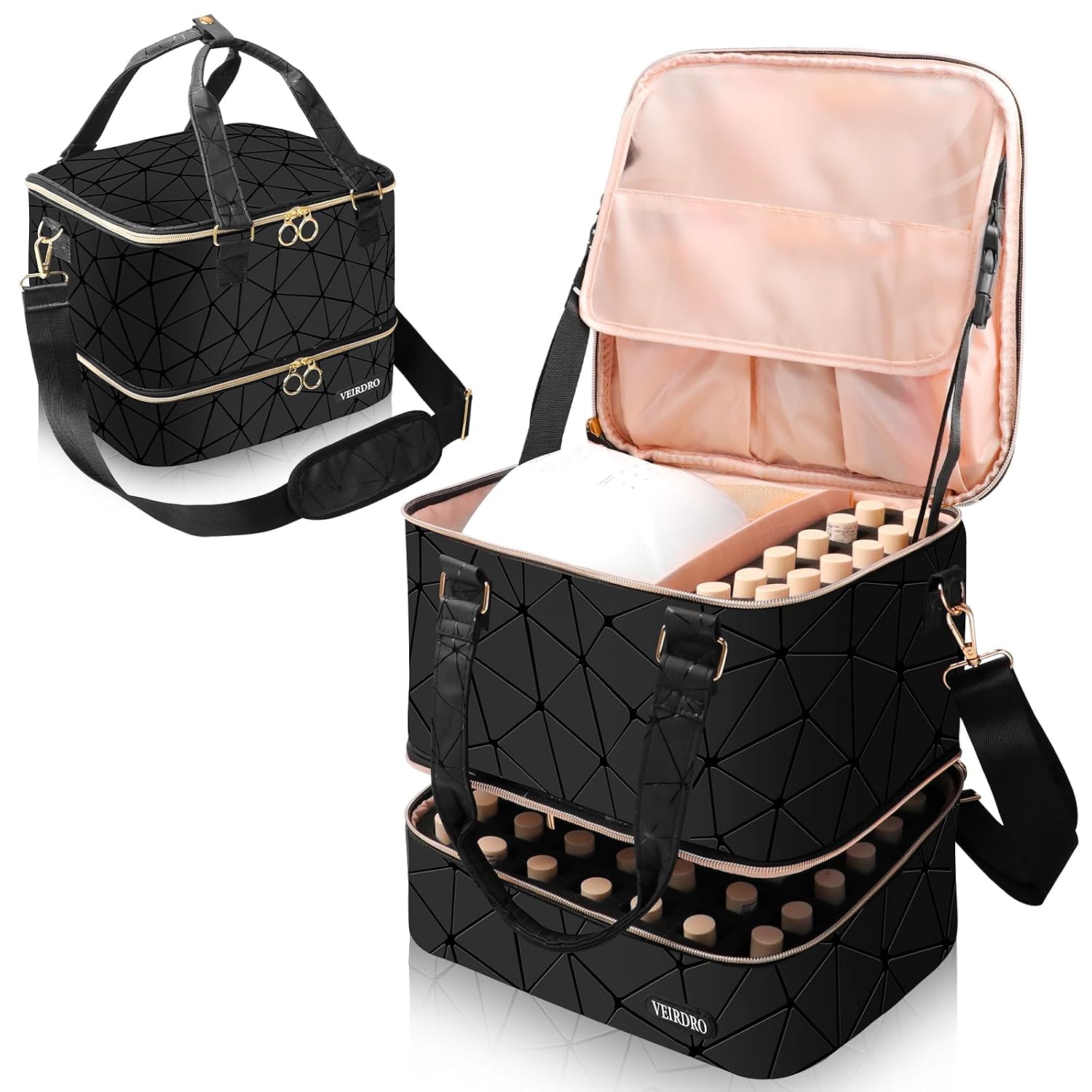 Nail Polish Organizer Bag Holds 54 Bottles 15ml0.5 fl.oz and Nail Lamp, PU Leather Nail Kit Storage Carrying Case with Support Strap, Large Nail Supplies Shoulder Bag Women Elegant Black
