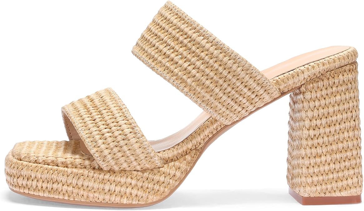 Monrovia Womens Raffia Heeled Sandals Slip On Open Toe Chunky Platform Heel Woven Double Strap Summer Shoes