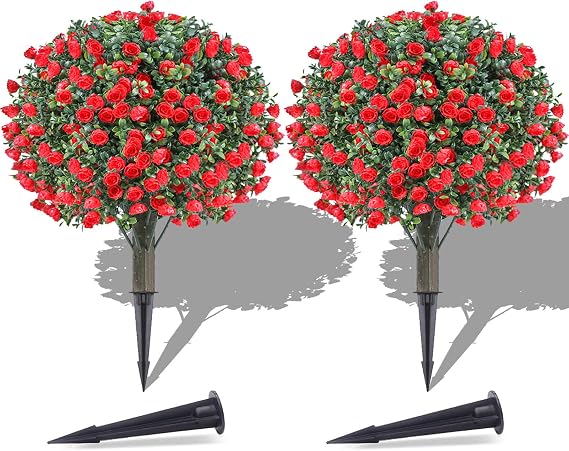 PATIO CHOICE Topiary Trees Artificial Outdoor Boxwood Ball Trees with Rose Set of 2 22" Fake Outdoor Plants Faux Bushes and Shrubs Decorations for Outdoor Indoor Front Porch Garden