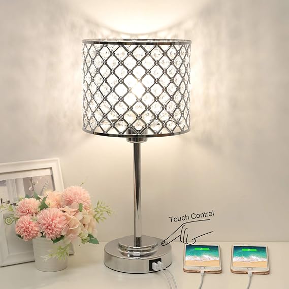 Crystal Table Lamp with 2 USB Ports, 3-Way Dimmable Bedside Touch Lamp Decorative Nightstand Lamp Silver Crystal Lamp Shade Accent Bedside Light for Bedroom Living Room Dresser, 6W 4000K Bulb Included