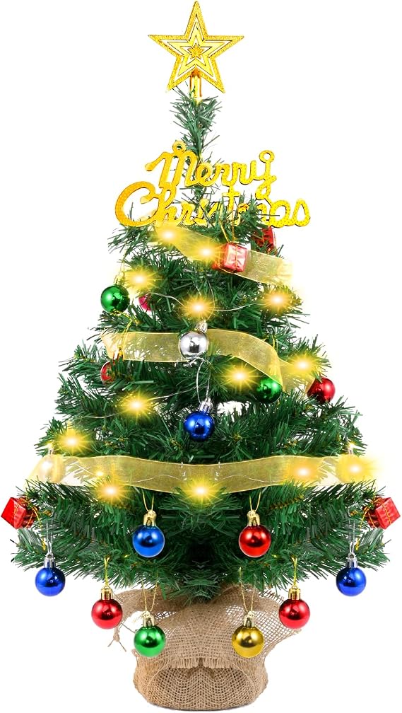 Small Table Top Christmas Tree 60cm, Prelit Mini Artificial Xmas Tree, Desktop Decor with 2M Ribbon, Decorative Balls, Star Topper, PVC Branches - Light up Xmas Decorations for Home, Office