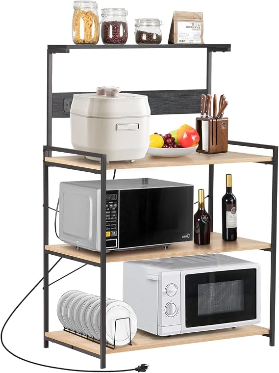 4-Tier Kitchen Baker's Rack with Power Outlet, Microwave Stand and Storage Shelves, Coffee Station Organizer (White Maple and Black)