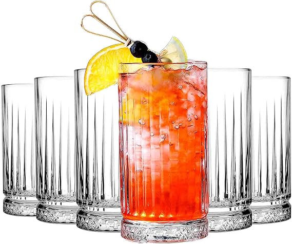 Highball Glasses Set of 6 - Tall Glasses Drinking Set 445 ML - Elegant Glassware Drinking Glasses for Water, Ice Coffee, Cocktail, Cold Beverage
