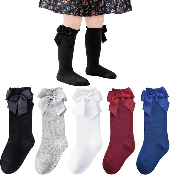 Baby Knee High Socks - Toddler Long Cotton Tube Stockings With Bow Ruffles for Girls - Infant Dress Socks