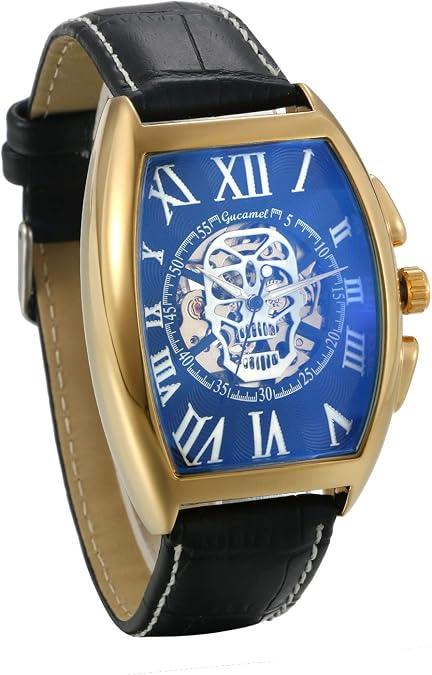 JewelryWe Mens Watches Automatic Mechanical Watch Roman Number Skull Square Dial Leather Wrist Watch for Father's Day