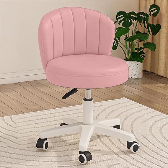 Small Scallop Desk Chair with Back, Cute Armless Rolling Vanity Chair with PU Leather, Comfy Office Task Computer Chairs Height Adjustable for Bedroom